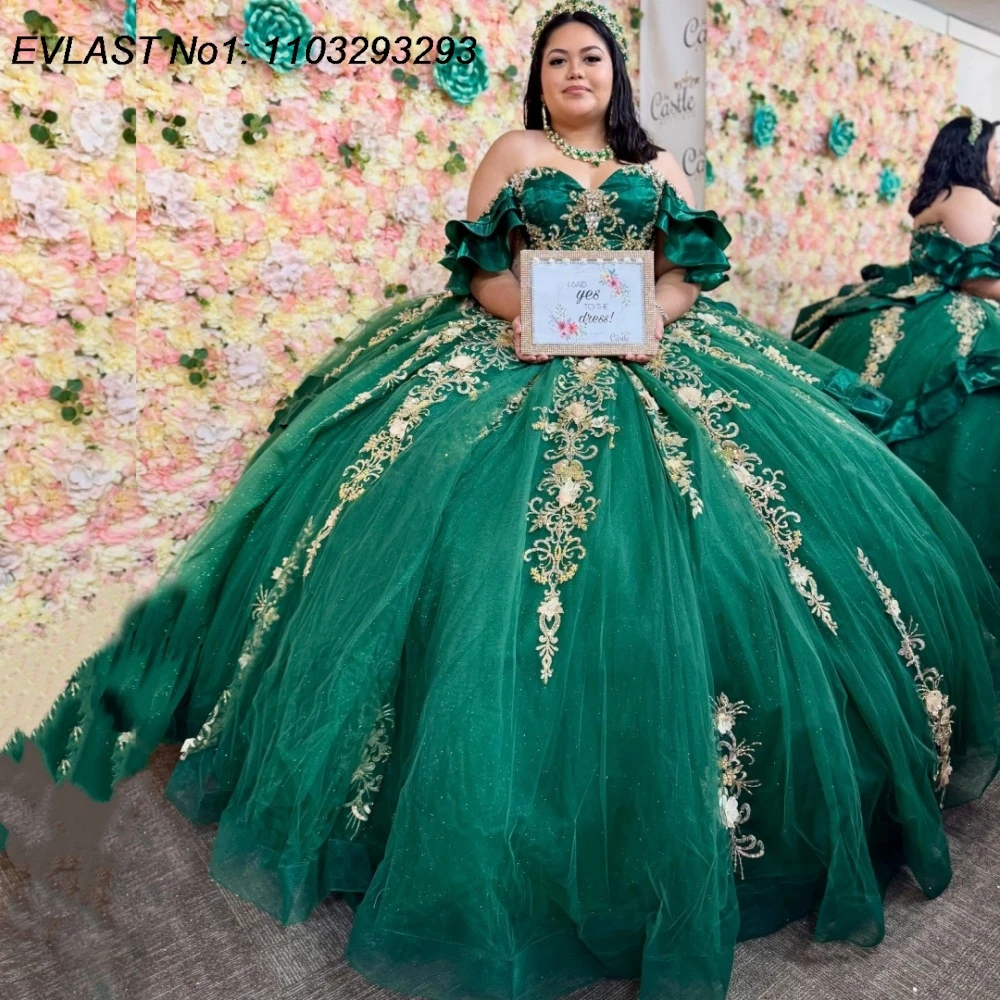 

EVLAST Customized Mexican Green Quinceanera Dress Ball Gown Gold Lace Applique Beading Bow Sweet 16 Vestidos De 15 Anos E1QN514