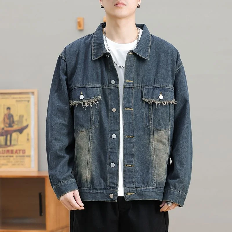 

Retro American Sle Men's Denim Jaet Casual Loose Fit Spring Autumn Trendy Hong Kong Sle Workwear Top Cotton Polyester B...