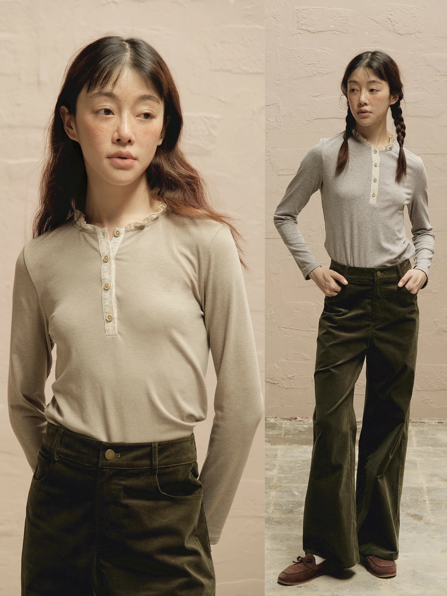 

MintCheese Premium Wool Silk Base irt Ele Lace Collar Ro ey Bean een Long Sve French Sle Women's T-irt