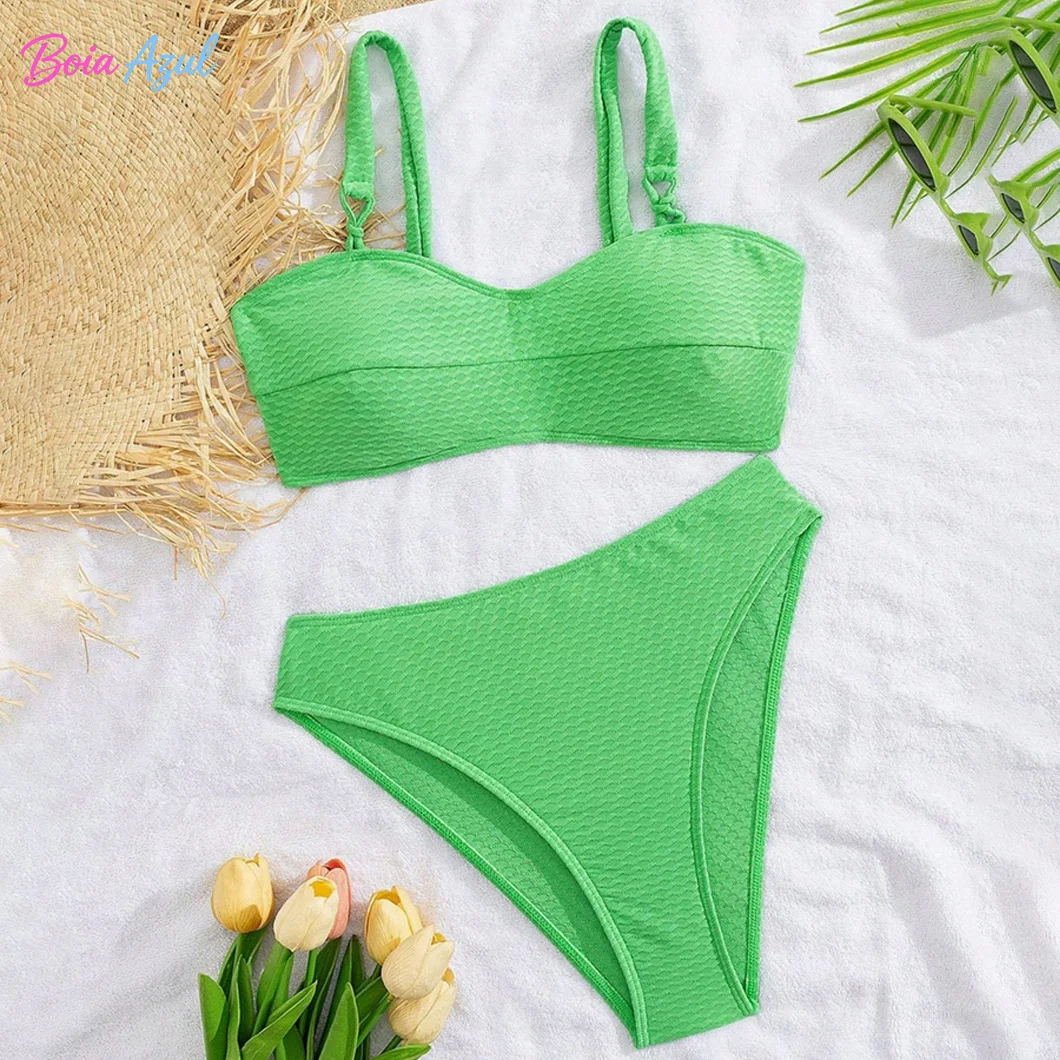 Green Crinkle Textured Two Piece Bikini Adjustable Buckle Spaghetti Strap Women Minimal Tropical Beach Bathing Suit