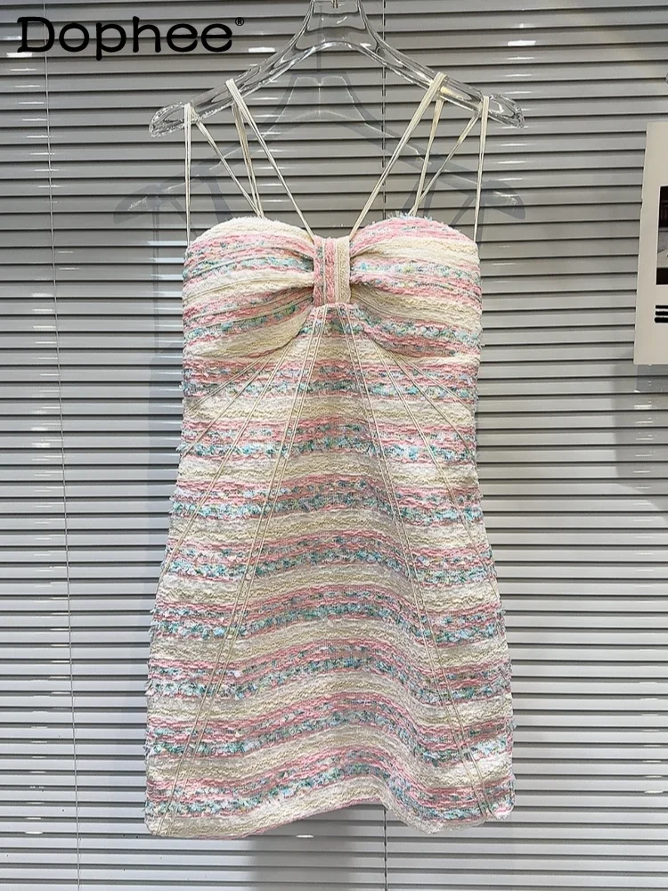 

Sexy Girl Suspender Dress 2024 New Sweet Stripes Candy Color Tweed Waist Slim Dress for Women Sleeveless Mini Summer Dress