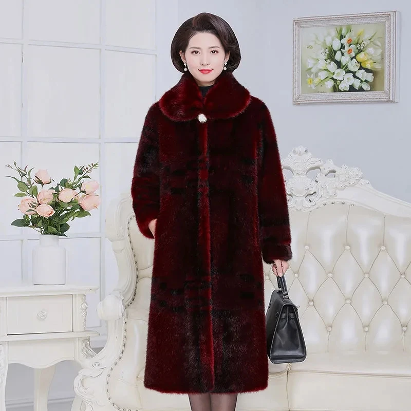 High Quality Mom\'s Long Fur Coat Winter New Warm Add Velvet Long Thicken Fawx Fur Overcoat Female Imitation Mink Fur Jacket 5XL