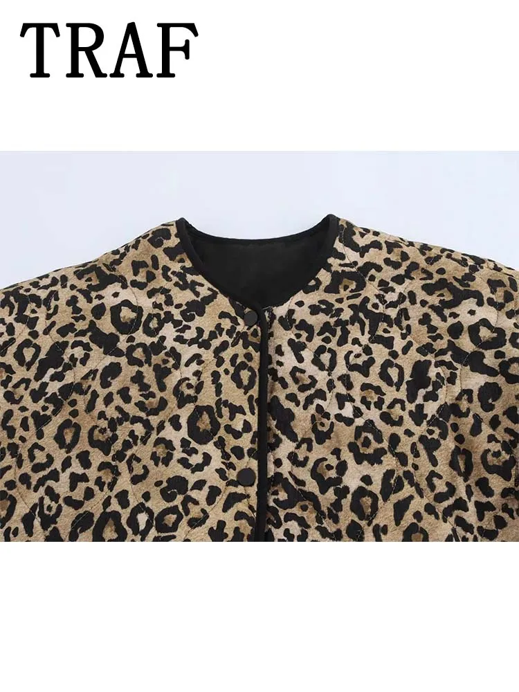 TRAF Women Vintage Leopard Print Cropped Parka Coat 2024 Autumn Winter Jackets For Women Long Sleeve Streetwear New Outerwear