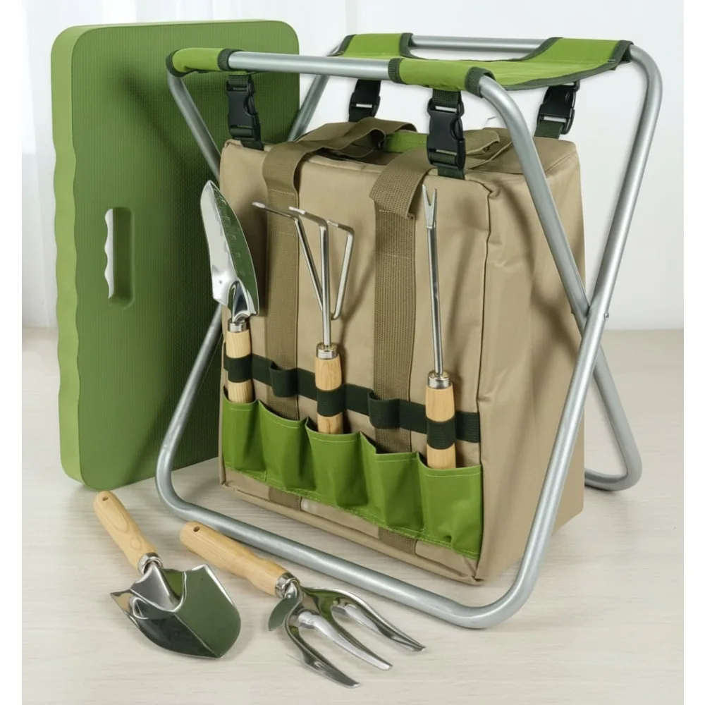 

Foldable Garden Kneeler Stool with 5 Tools & Insulated Storage Bag - Portable Gardening Seat for Outdoor Activities