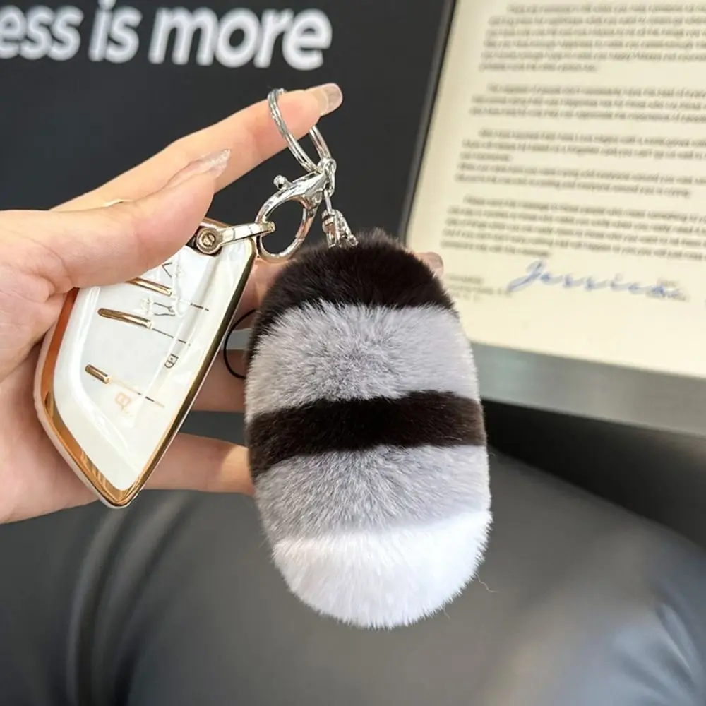 Rex Rabbit Raccoon Tail Keychain Fluffy Soft Phone Lanyard Rabbit Fur Keyring Decoration 10cm Pompom Tail Keyring Backpack