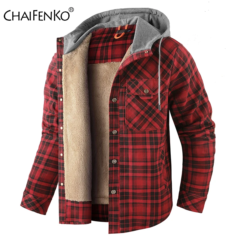 

New Fleece Thickening Man Lattice Keep Warm Tops Retro Style Fashion Hooded Jacket Winter Outdoors Cultivate Oneself Coats Man