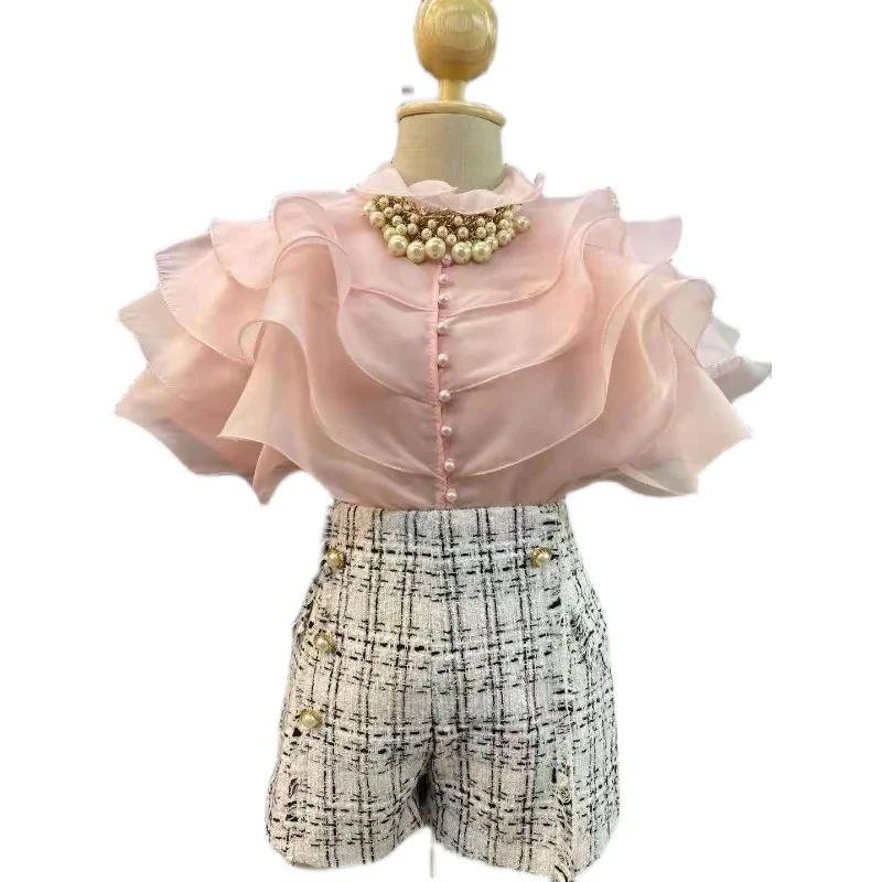 Sweet Layered Lace Trim Flared Sleeve Single Button Stand Collar Ogees See through Fashionable Versatile Women's Shirt