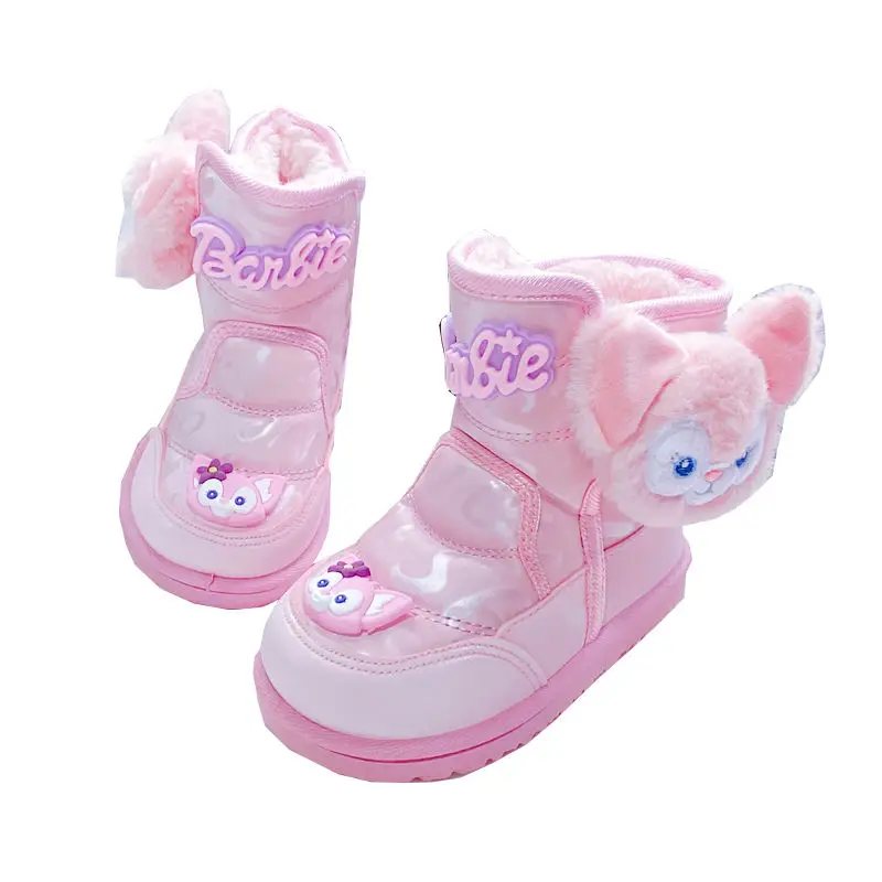 Disney-Girls\' Plush Snow Boots, Sapatos de Algodão Infantil, Impermeável, Quente, Desenhos Animados, Espessado, Rosa, Pelúcia, Inverno, Tamanho 24