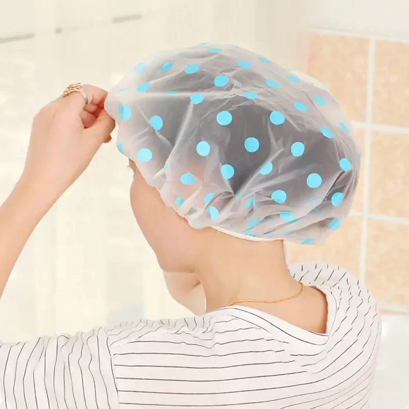 Waterproof Shower Cap Polka Dot Style Bath Hat Reusable Elastic Band Hair Caps Spa Hair Salon Supplies Bathroom Accessories