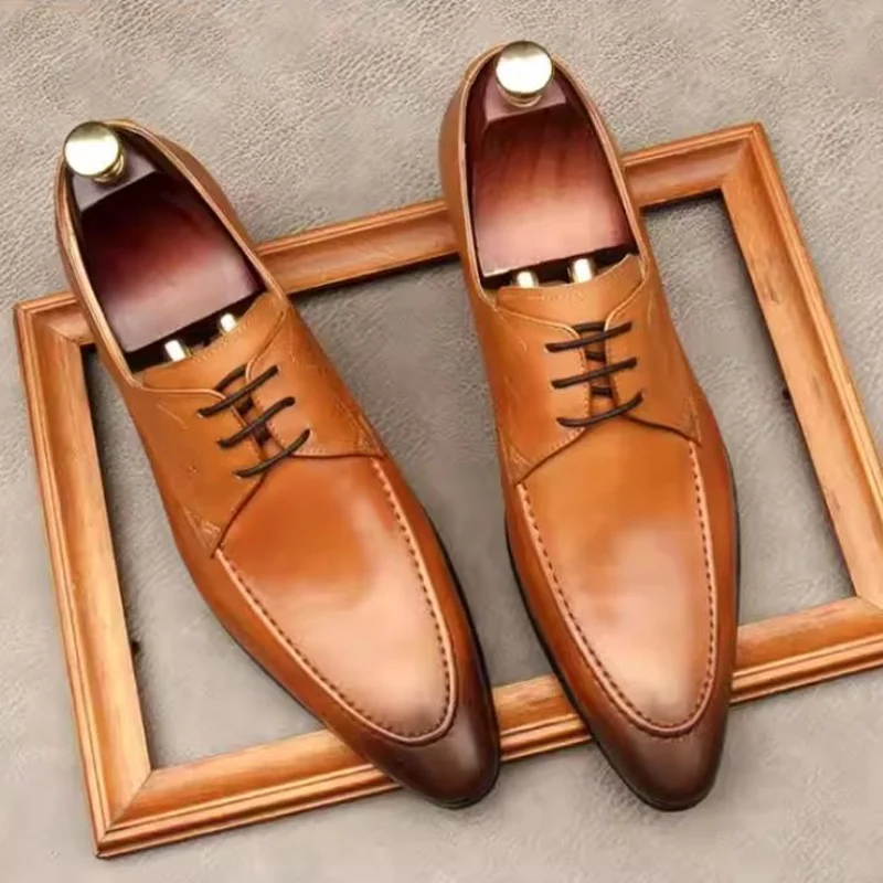 Fashion Men's Business Formal Shoes Luxury Handmade Lace-up Pointed Toe Leather Dress Shoes Man Genuine Leather Derby Mocassins