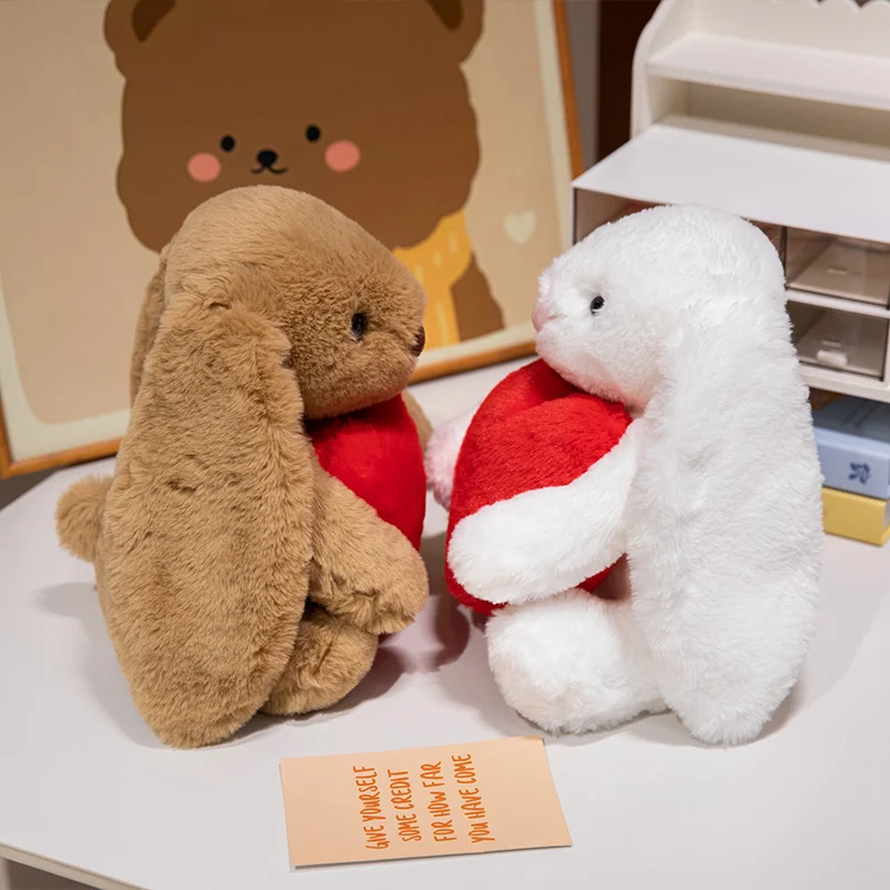 Kawaii 고품질 심장 토끼 봉제 인형을 잡아 여자를위한 귀여운 부드러운 흰색 갈색 긴 귀 토끼 플러시 장난감 생일 선물