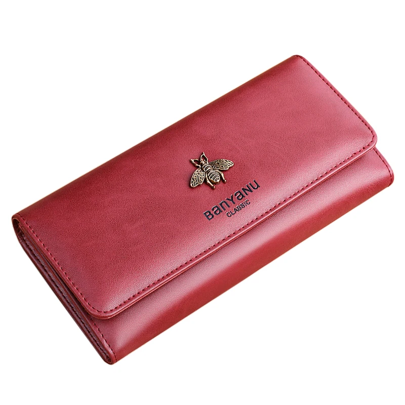 2025 New Design Women Wallets Fashion Bee Ornament Long Phone Purse Luxury Genuine Leather Card Holder Purple Wine-red Wallet