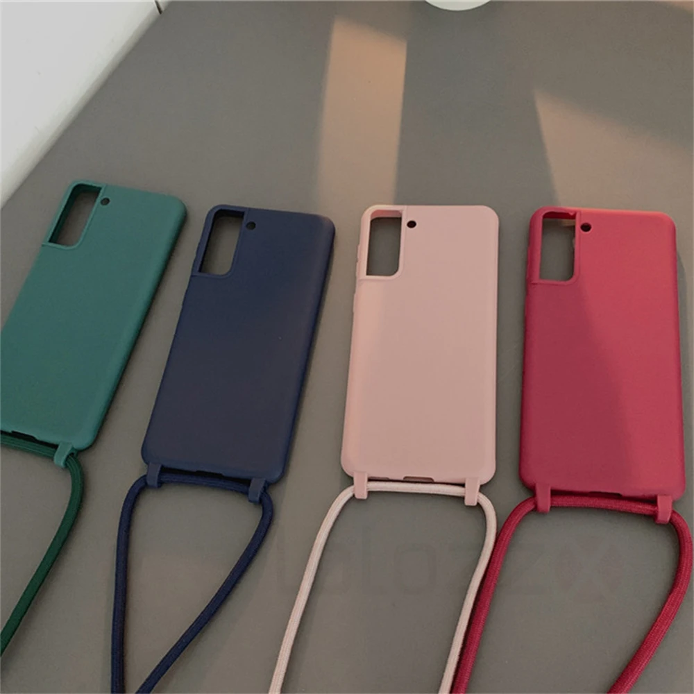 Funda de silicona suave mate para Samsung, carcasa de lujo con correa de cordón para collar cruzado, S24, S23 Ultra, S22 Plus, S21, S20 FE, S11, S10, S9, S8