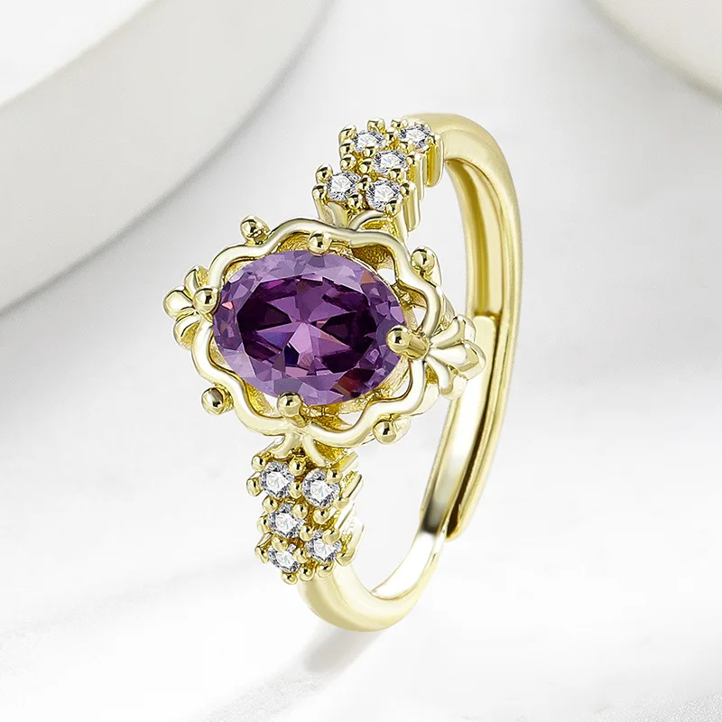 Vergoldeter Vintage Amethyst CZ Ring für Damen, Verstellbarer Ovaler Lila Steinband, Eleganter Retro Modeschmuck Geschenk für Sie