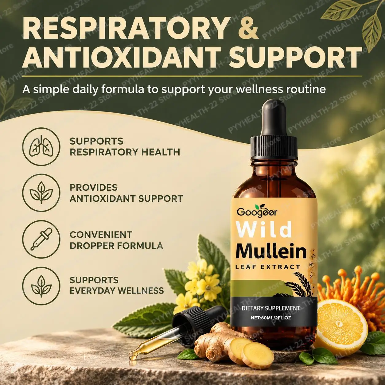 Wild Mullein Leaf Extract Drops, 1000mg Mullein Blend with Ginger Bromelain Cordyceps, Respiratory & Antioxidant Health, 60ML