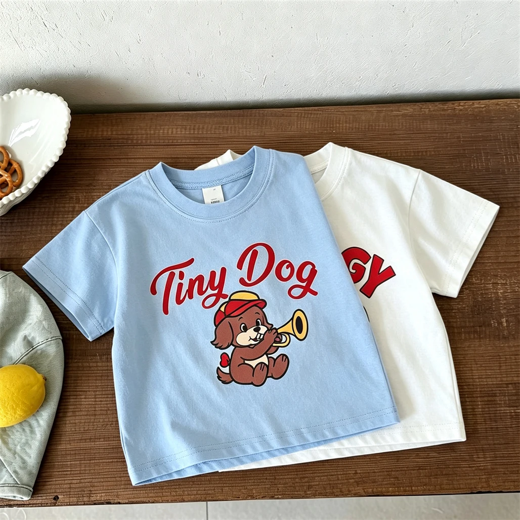 White Blue Tees For Baby Boys Girls Crewneck Bottoming Shirt New Design Cartoon Printed TShirt Kids Loose Casual Short Sleeve