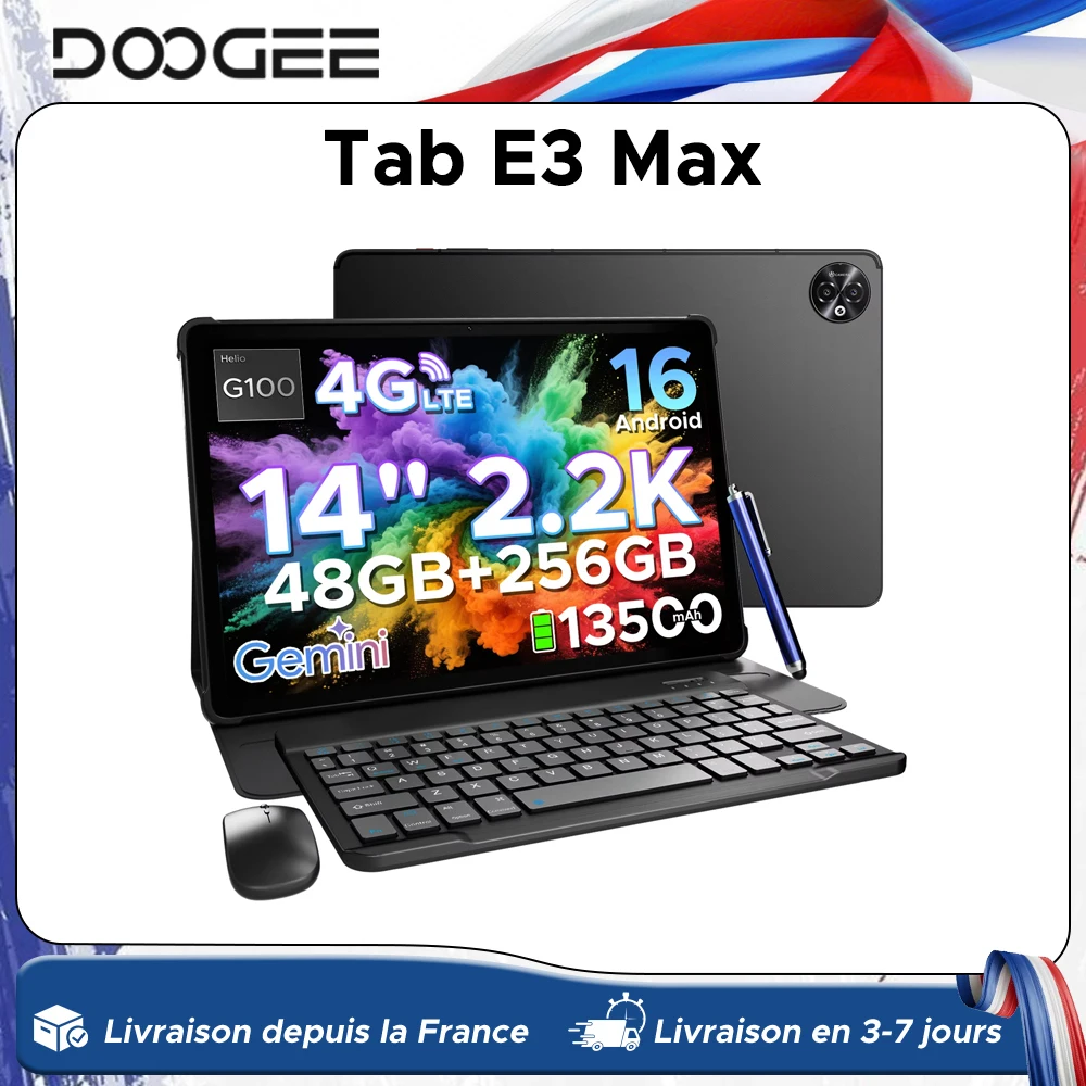 DOOGEE Tab E3 Max 2-in-1 tablet-pc Android 16 Gemini AI 14'' 2.2K display 48GB(8+40) RAM 256GB ROM 13500mAh batterij Smart Pads