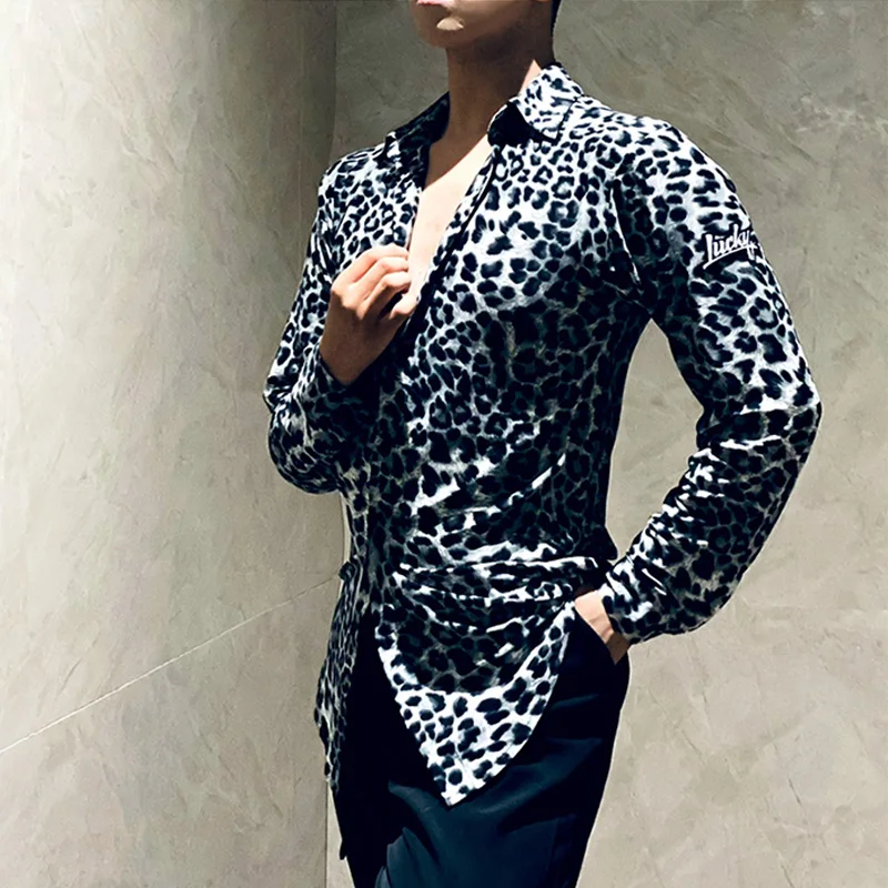 New Latin Dance Clothes Men Loose Leopard Long Sleeves Shirts Adult Male Salsa Dance Tops Cha Cha Rumba Dance Clothing DNV21337