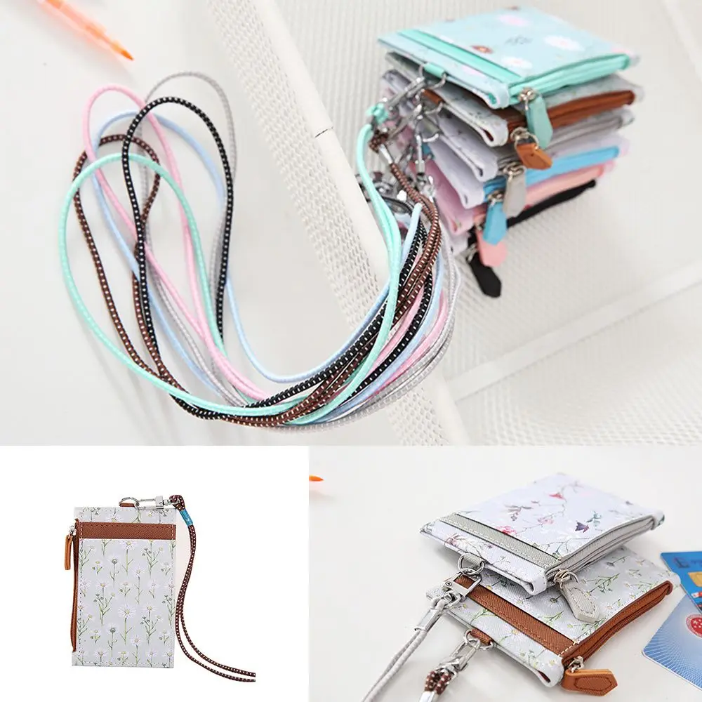 Women Meal Card Cover ID Bus Card Money Pocket Case Holders Coin Purse Zipper Bag Wallet With Lanyard