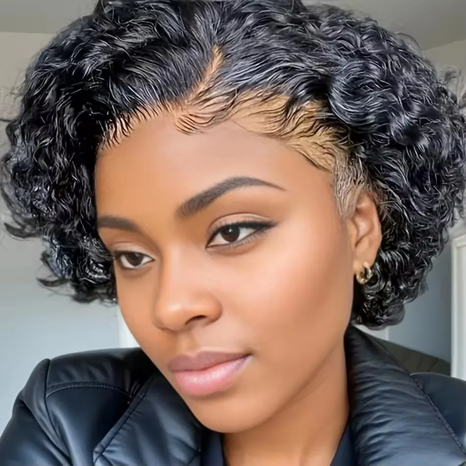 

Side Part Short Curly Bob Wig Human Hair Water Wave Pixie Cut Human Hair Wigs Glueless 13X4X1 HD Lace Front Wigs for Women Black