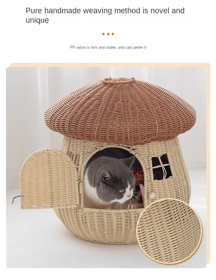 Cat's Nest Four Seasons Universal Mushroom House Pet Supplies Summer Vine Weaving Closed Cat House Removable and Washable Villa