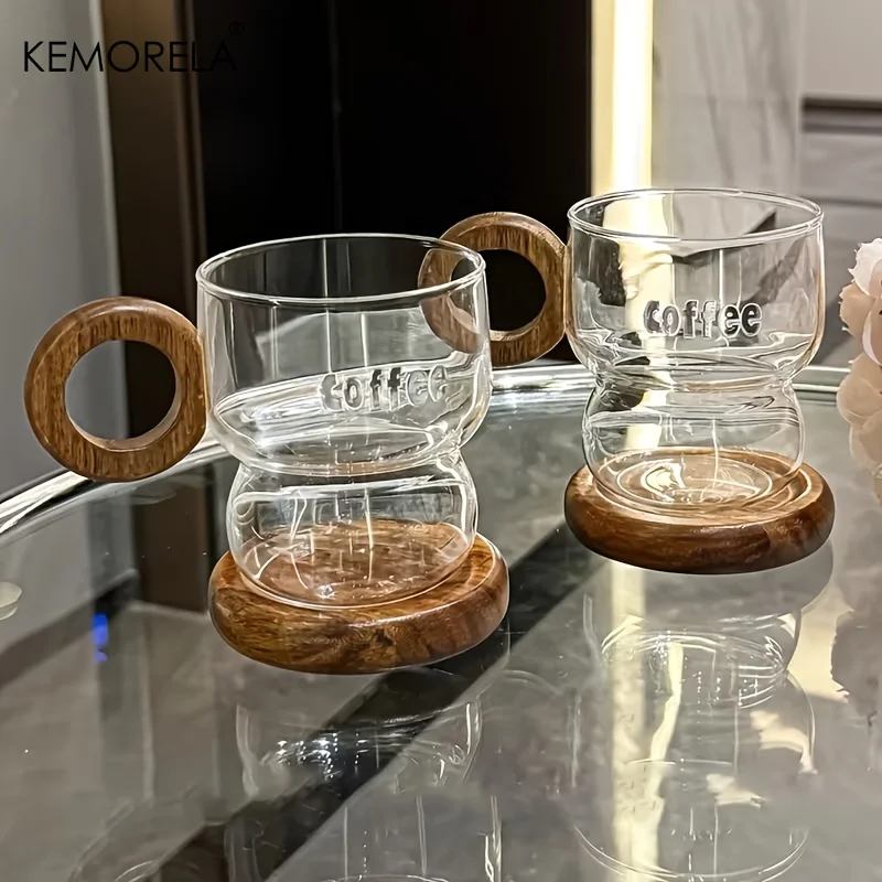 1/2PCS Transparent Coffee Mug With Wooden Coaster And Heat-Resistant Wooden Handle, Suitable For Family Iced Americano And Juice
