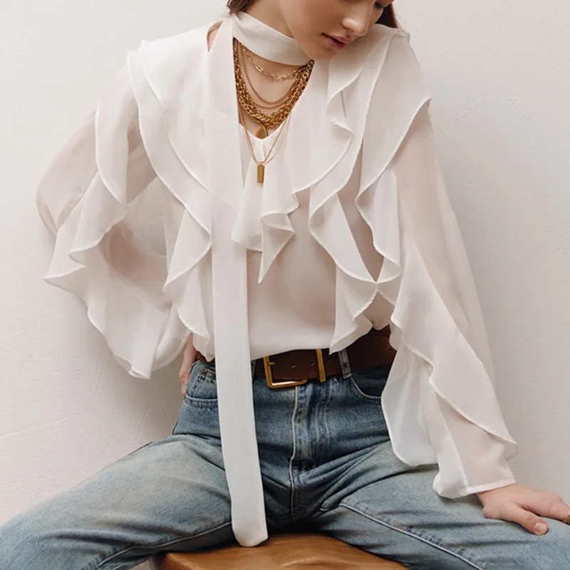 Talenza Casual Ribbon Shirt Sommer Rüschen Langarm Lose Büro Dame Shirt Top Solide Durchsichtig V-ausschnitt Pullover Frauen Bluse