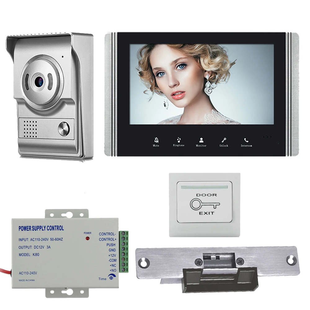 7 inch Wired Video Door Phone Intercom Systems Via indoor unit Open Door Electron Lock Access Control & Power Unit