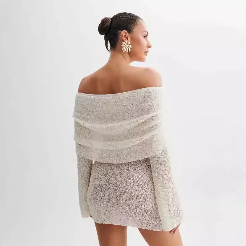 홀리데이 니트 홀로우 체스트 랩 숄더 드레스 고급 짧은 치마 2025 봄 여름 신상 여성 의류