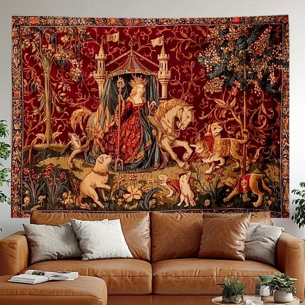 Tapisserie Imprimée Scène de Vie Médiévale Nobile, Plusieurs Tailles, Art Vintage, Polyester, pour Chambre, Patio, Studio, Maison, Célébration, Intérieur