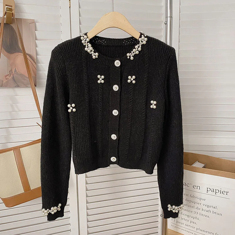 Vintage Knitted Cardigans Women Spring Autumn New Beading O-neck Single Breasted Warm Sweater Coats Gentle Elegant Female Tops