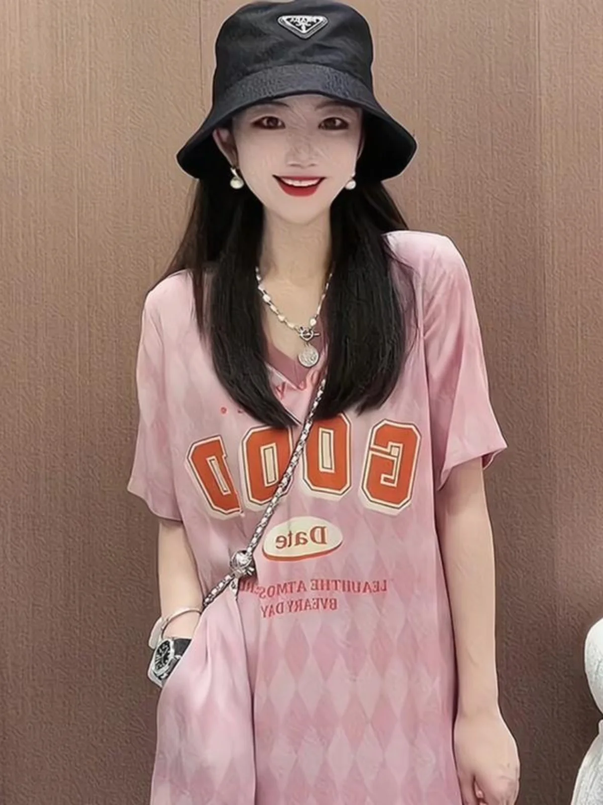 

plus Size Loose Draped Slimming Midi Dr Women's European Sle ort Sve T-irt Dr V-Ne Printed Commute Wear