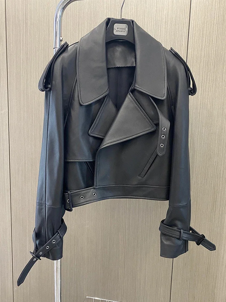 Veste courte en cuir véritable pour femme, manteau de moto en peau de mouton véritable, streetwear haut de gamme, tendance printemps et automne 2024