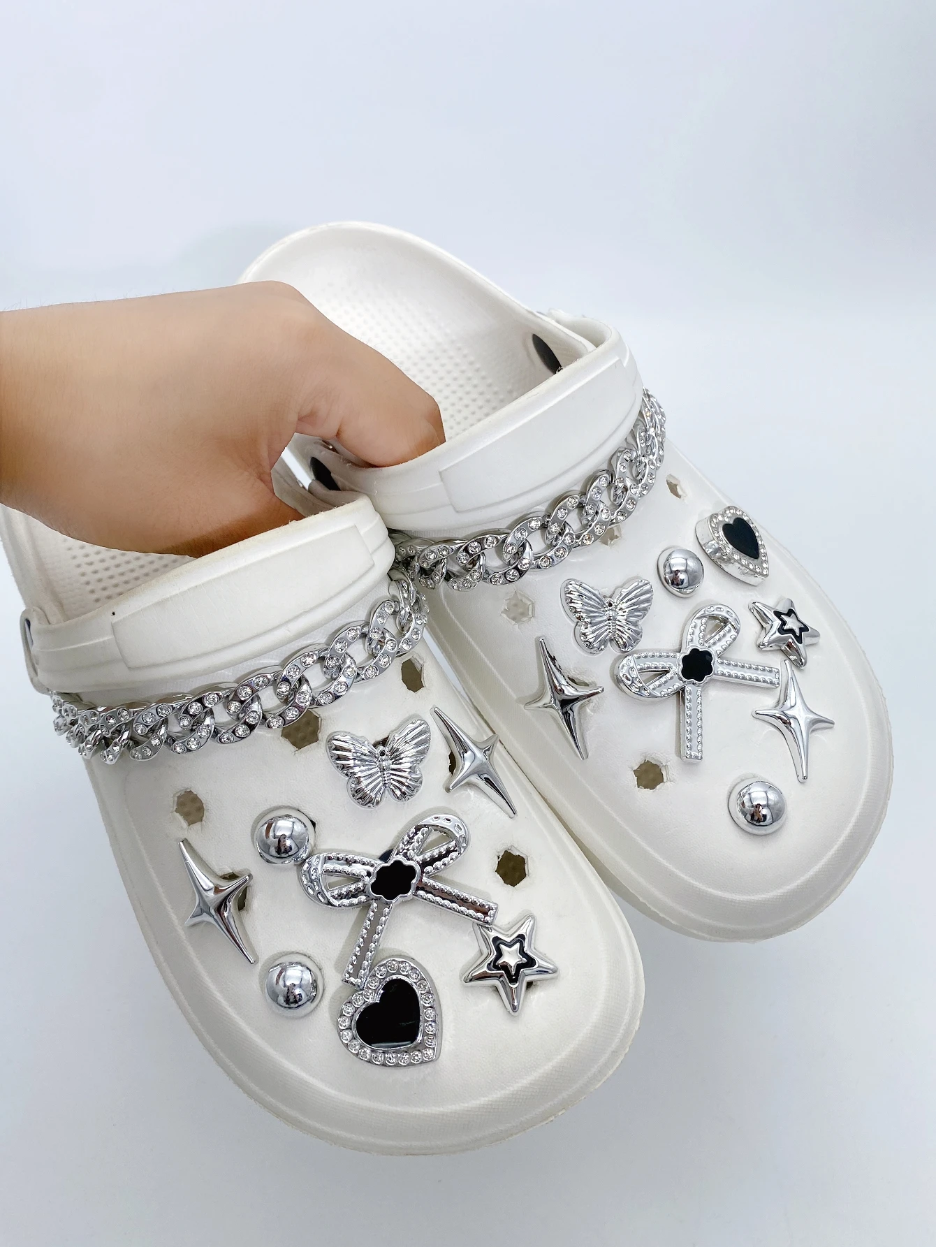 18 silver (bow, school interaction, heart, five-pointed star, diamond chain) shoe buckle DIY decorations, multi-functional shoe