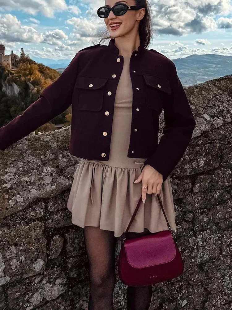 HH Winter Women\'s Fashion Burgundy Street Jacket Retro O-neck Long-sleeved Pocket Single-breasted Casual Jacket For Women