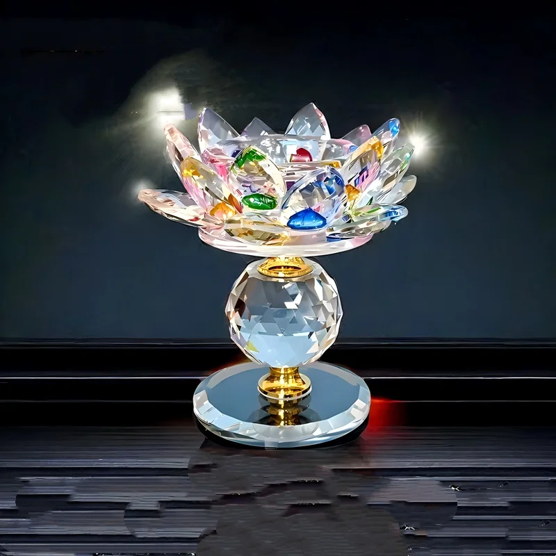

Colorful Crystal Lotus Candle Holder, Buddha Butter Lamp Holder, Decorative Crystal Candle Stand for Home Desktop Ornament
