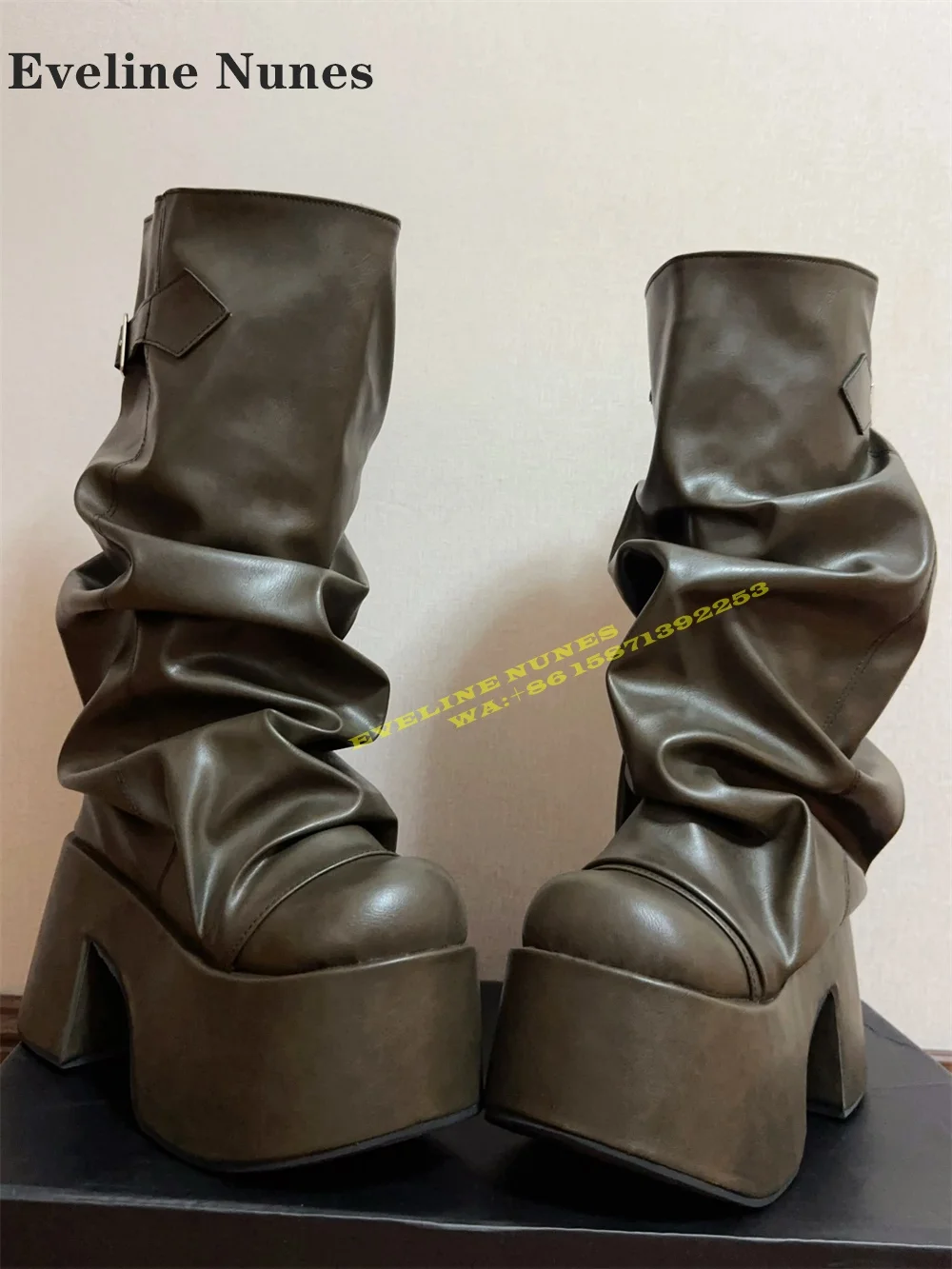 Platform Belt Buckle Cyberpunk Modern Boots Round Toe Thick Sole Height Increasing Pleated Retro Slouch Boots Subculture Style