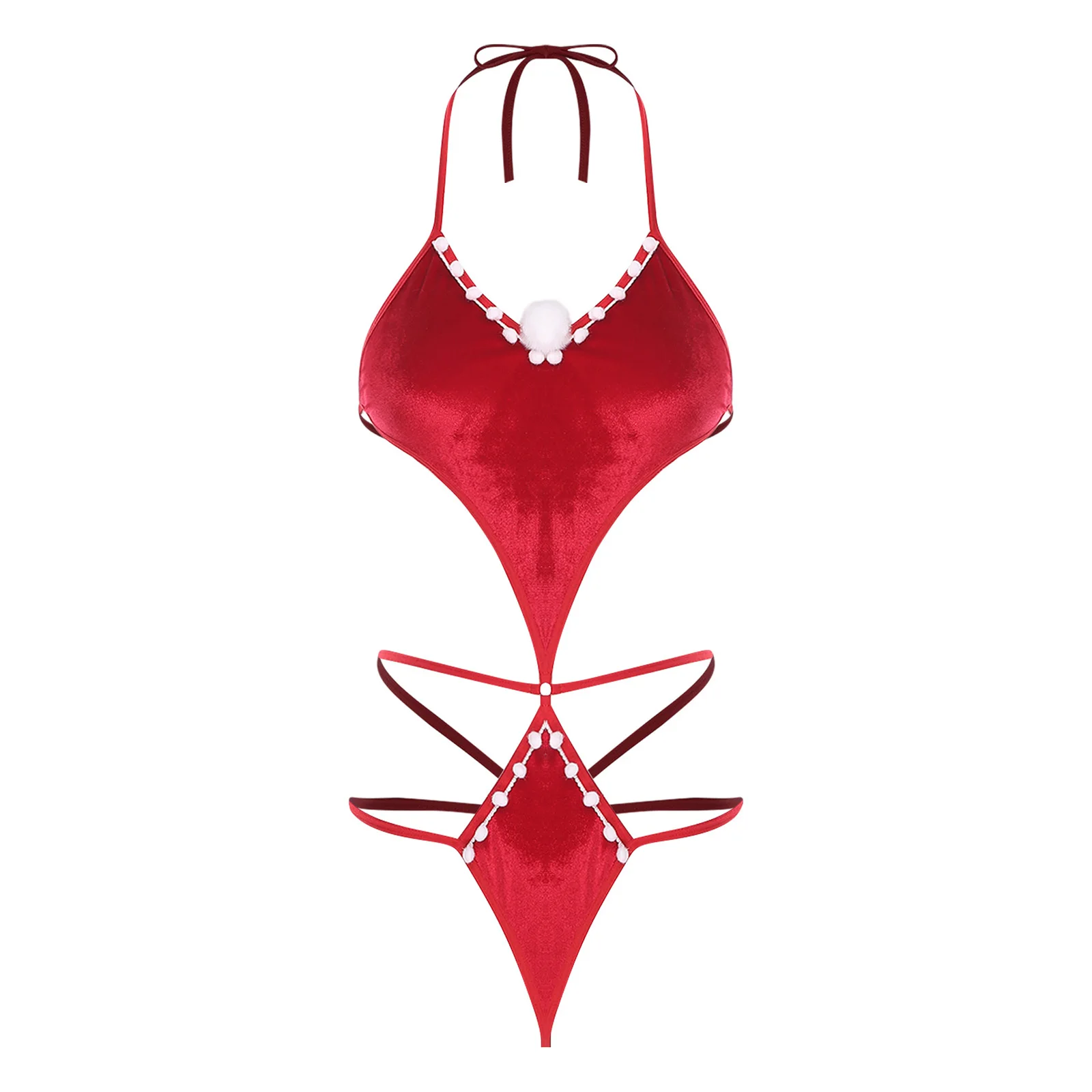 النساء عيد الميلاد المخملية الملابس الداخلية الدمى زي الدانتيل متابعة ارتداءها أو مجموعة البكيني Pompom ديكور ملابس نوم لعيد الميلاد عشية زوجين ألعاب