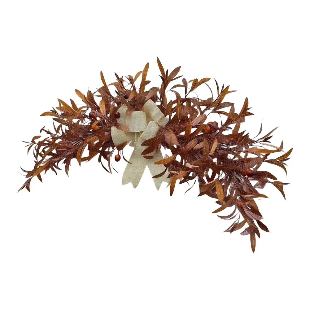 Coffee Brown Autumn Wreath 80 cm Realistic Olive Ornaments Layered Elongated Leaves Hanging Swag for Doors Mantels