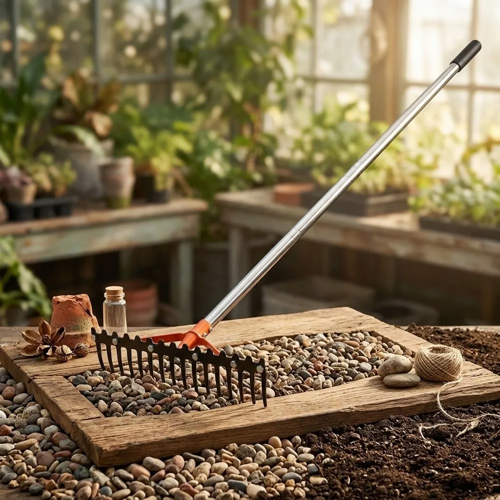 62 Inch Garden Rake with 14 Spring Steel Tines Wide Head Design for Fast Coverage on Soil Mulch and Leaf Management