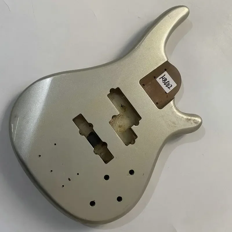 kB682 Metal Silver Color Custom Bass Body in Solid Wood Replace and DIY Right Hand Surface Damages and Dirty PJB Active Pickups