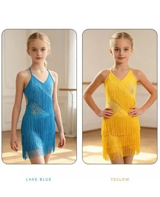 Girls Professional Latin Dance Tassel Dress Cha-Cha Rumba Triple Step Competition Stage Performance Dancing Flowy Fringed Skirt