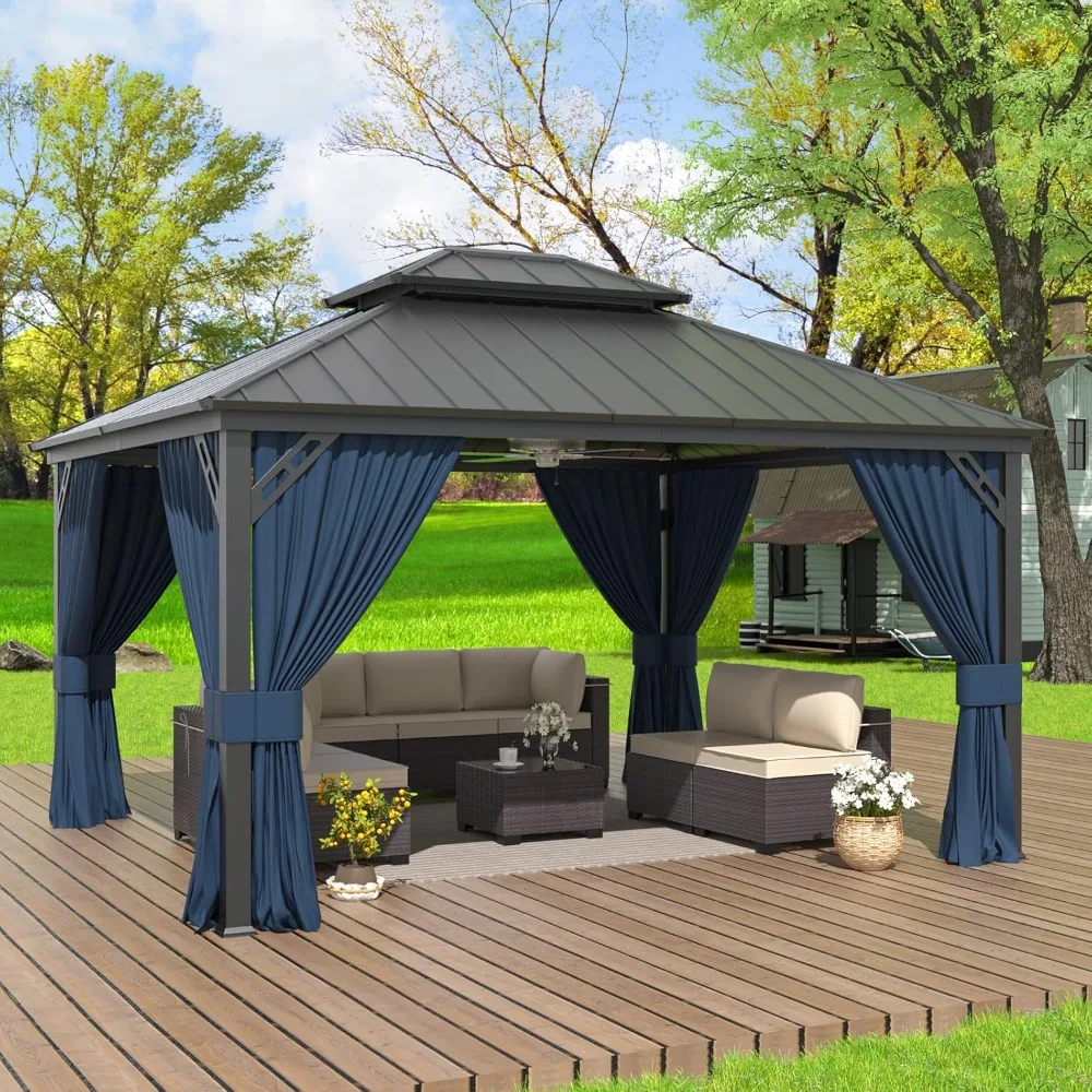 

12'x14 'hardtop pavilion, outdoor double layered roof canopy with mesh and curtains, galvanized metal frame, terrace sunshade