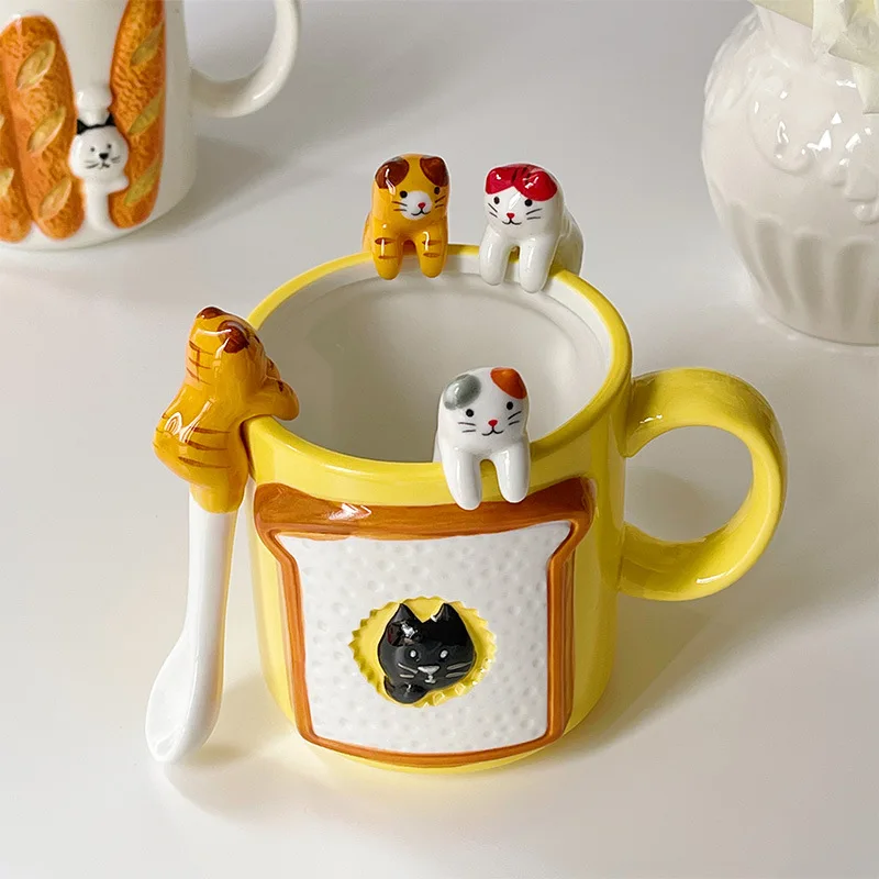 Soft Cute Hand-Painted Cat Coffee Hanging Ear Mixing Spoon Creative Three-Dimensional Ceramic Spoon Short Handle Dessert Spoon