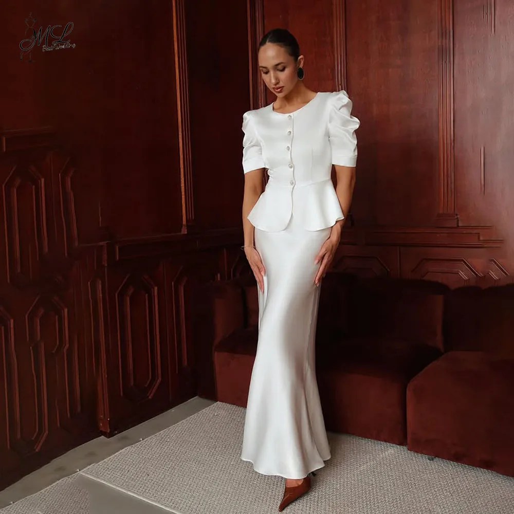 ML Customized Simple O-Neck Short Puff Sleeves Wedding Party Dress Mermaid Ivory Satin Bridal Gown Vestido De Novia 2026