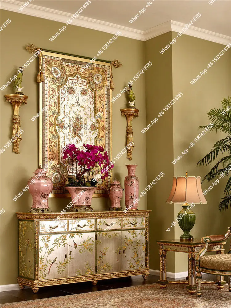 French luxury solid wood silver foil hand-painted flower and bird decoration entrance villa foyer home 1.8 meters storage