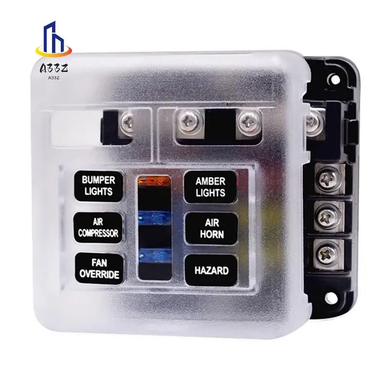 A33Z-12V Fuse Block Waterproof Boat Fuse Panel With LED Warning Indicator Proof Cover-6 Circuits With Negative Bus Fuse Box
