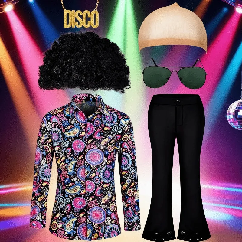 

Костюм для дискотеки в стиле 70-х: мужская винтажная рубашка с цветочным принтом и брюки-клеш, комплект из двух предметов для сценических выступлений