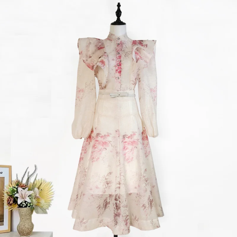 

Real Shot Elegant Vacation Style Ruffled Long Sleeve Stand Collar Shirt Large Swing Two-Piece Overskirt Suit Women's Skirt Fashi