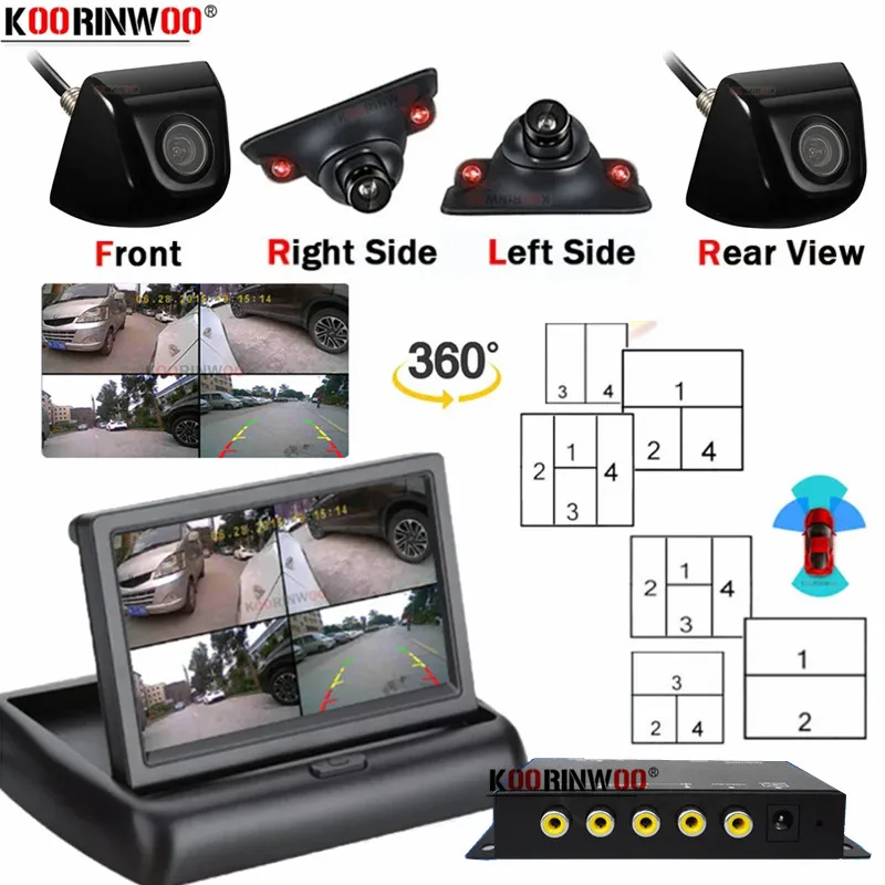 OOWLIVEE Full Kit Around view Car Video Cycle Recorder 64G TF Card DVR 4 Channel Split Box Side left Right Front Rearview Camera